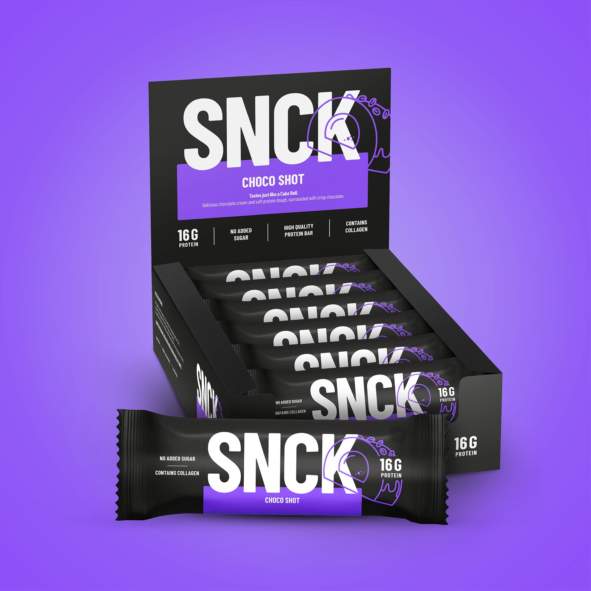 Box mit SNCK Choco Shot-Proteinriegeln vor einem violetten Hintergrund