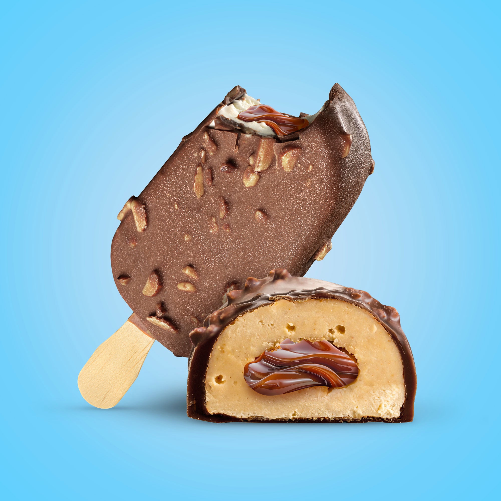 Chocolate-dipped ice cream bar with a visible filling on a blue background