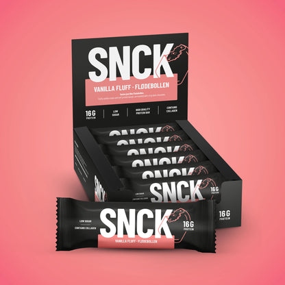 Box of SNCK Vanilla Fluff protein bars on a pink background